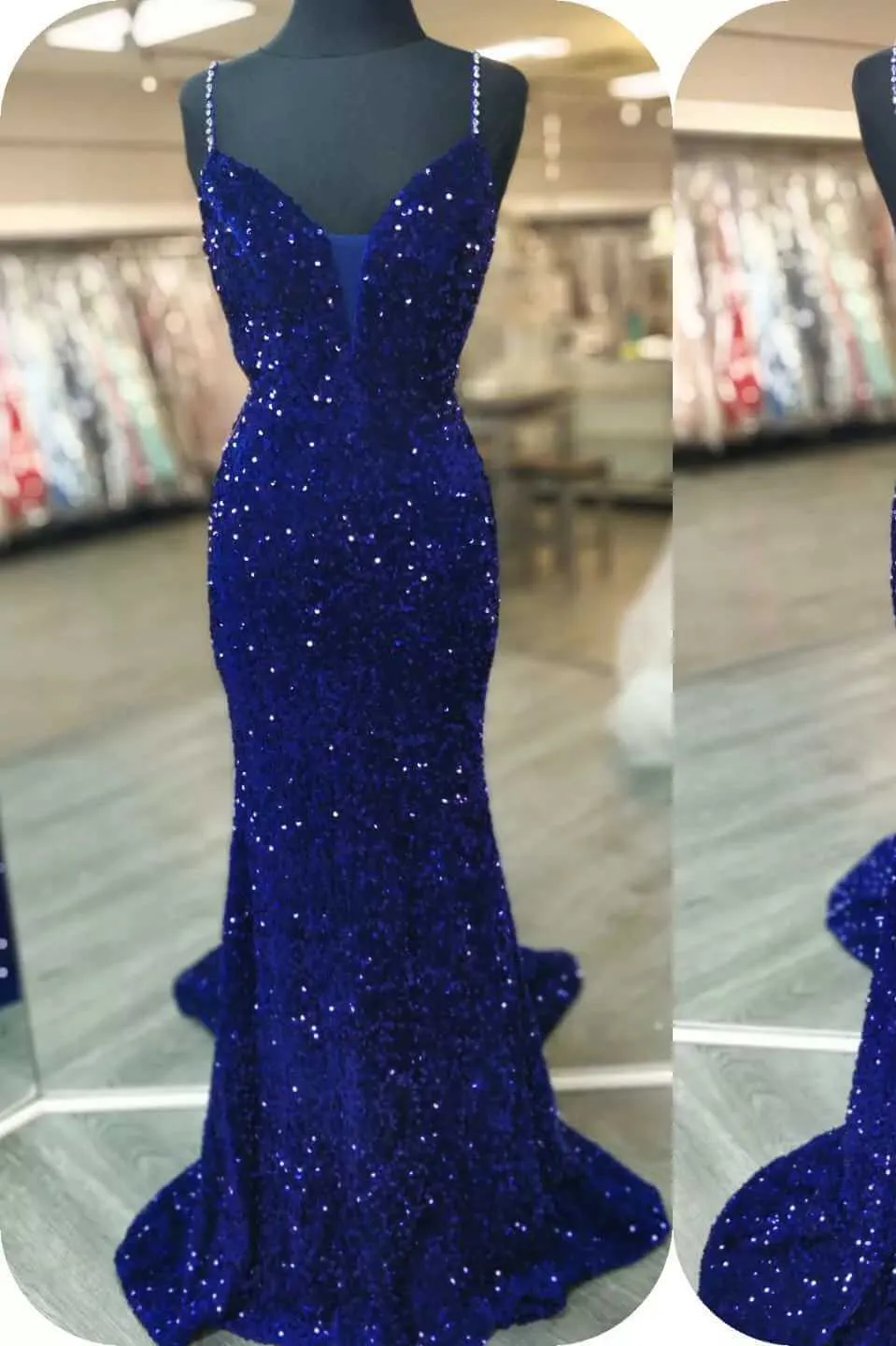 2025 Royal Blue Sequin Beaded Mermaid Prom Dresses Spaghetti Straps