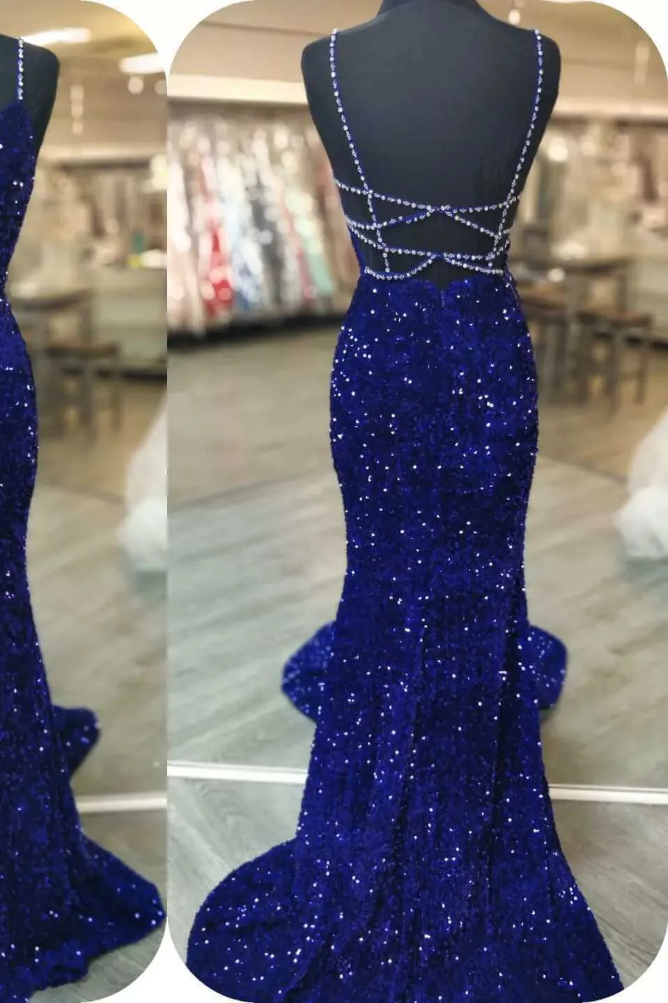 2025 Royal Blue Sequin Beaded Mermaid Prom Dresses Spaghetti Straps