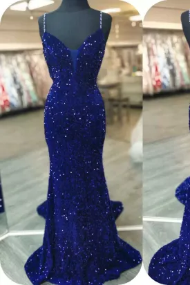 2025 Royal Blue Sequin Beaded Mermaid Prom Dresses Spaghetti Straps