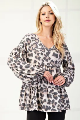 Blue Zone Planet |  Celeste Full Size Leopard V-Neck Balloon Sleeve Blouse