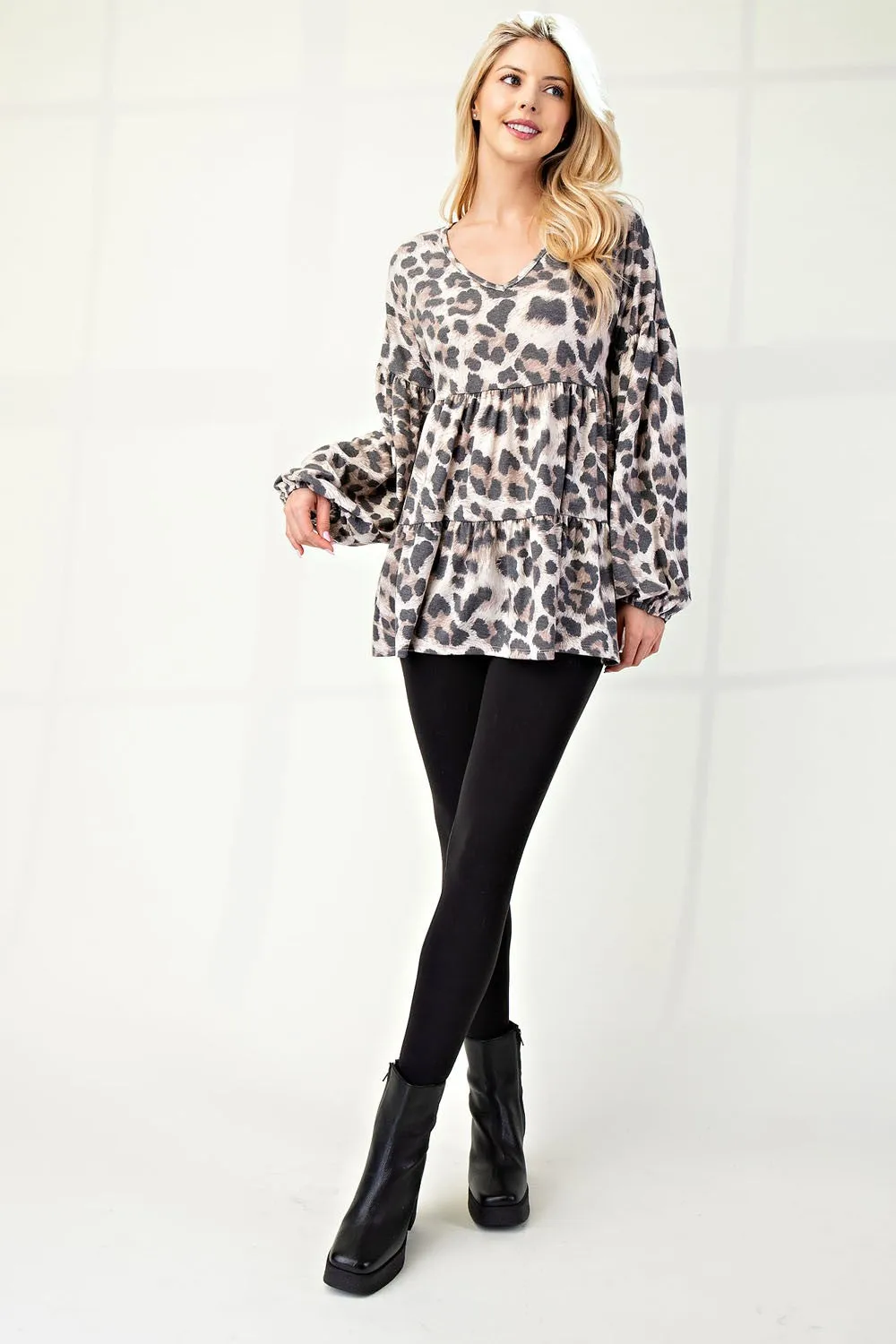 Blue Zone Planet |  Celeste Full Size Leopard V-Neck Balloon Sleeve Blouse