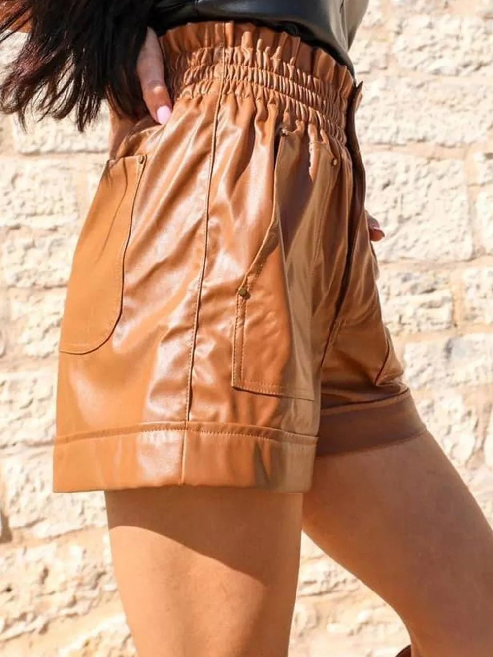 Brown Paperbag Waist PU Leather Shorts with Patch Pockets