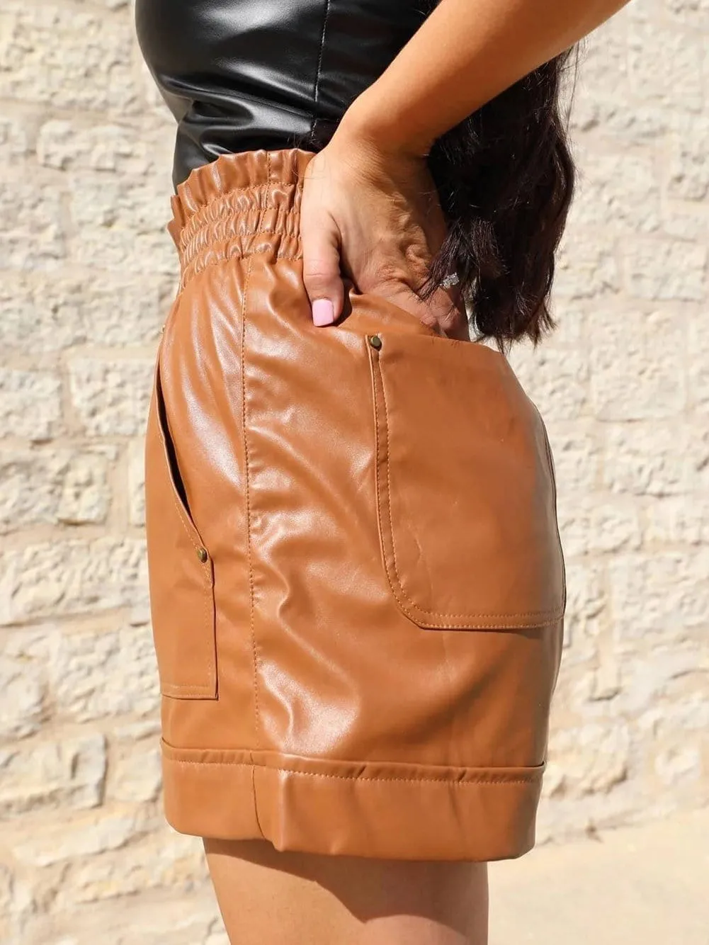 Brown Paperbag Waist PU Leather Shorts with Patch Pockets
