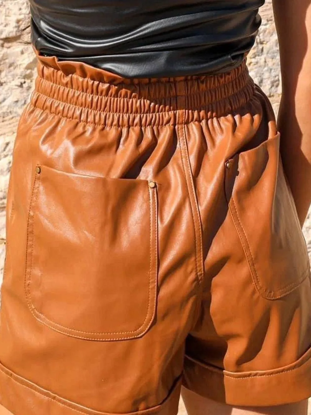 Brown Paperbag Waist PU Leather Shorts with Patch Pockets