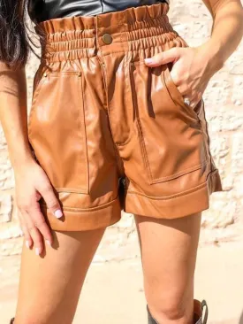 Brown Paperbag Waist PU Leather Shorts with Patch Pockets