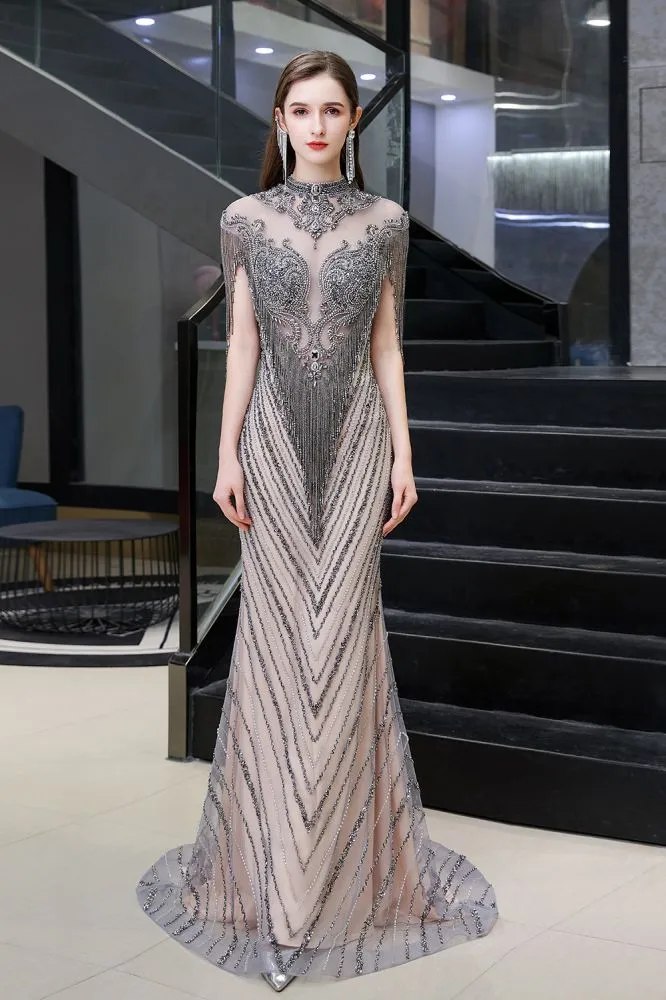Cap Sleeves High Neck Sparkly Beads Floor-Length Mermaid Evening Party Gown