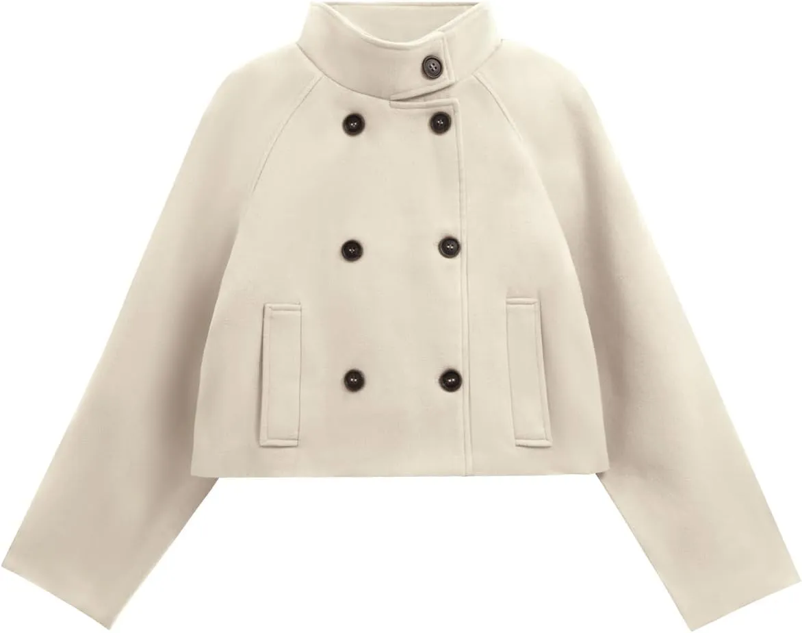 Cicy Bell Womens Cropped Pea Coat Casual Double Breasted Stand Collar Long Sleeve Fall Short Jackets Outwear