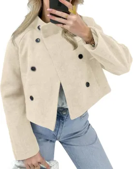 Cicy Bell Womens Cropped Pea Coat Casual Double Breasted Stand Collar Long Sleeve Fall Short Jackets Outwear
