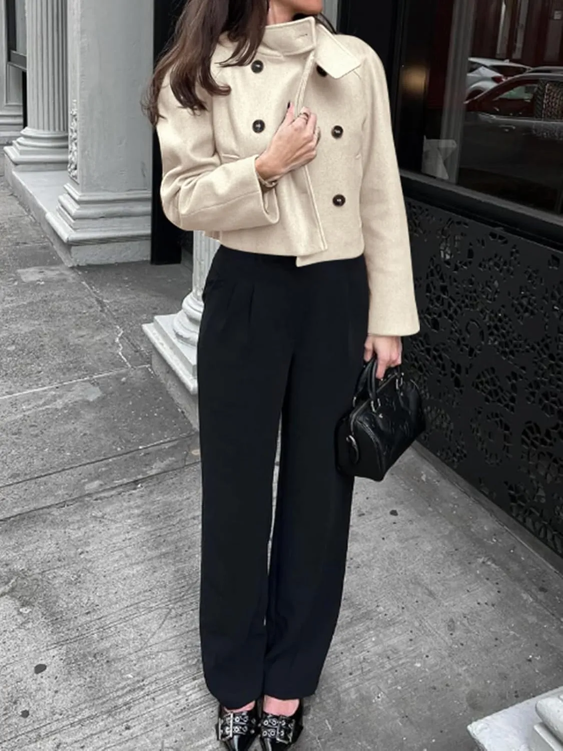 Cicy Bell Womens Cropped Pea Coat Casual Double Breasted Stand Collar Long Sleeve Fall Short Jackets Outwear