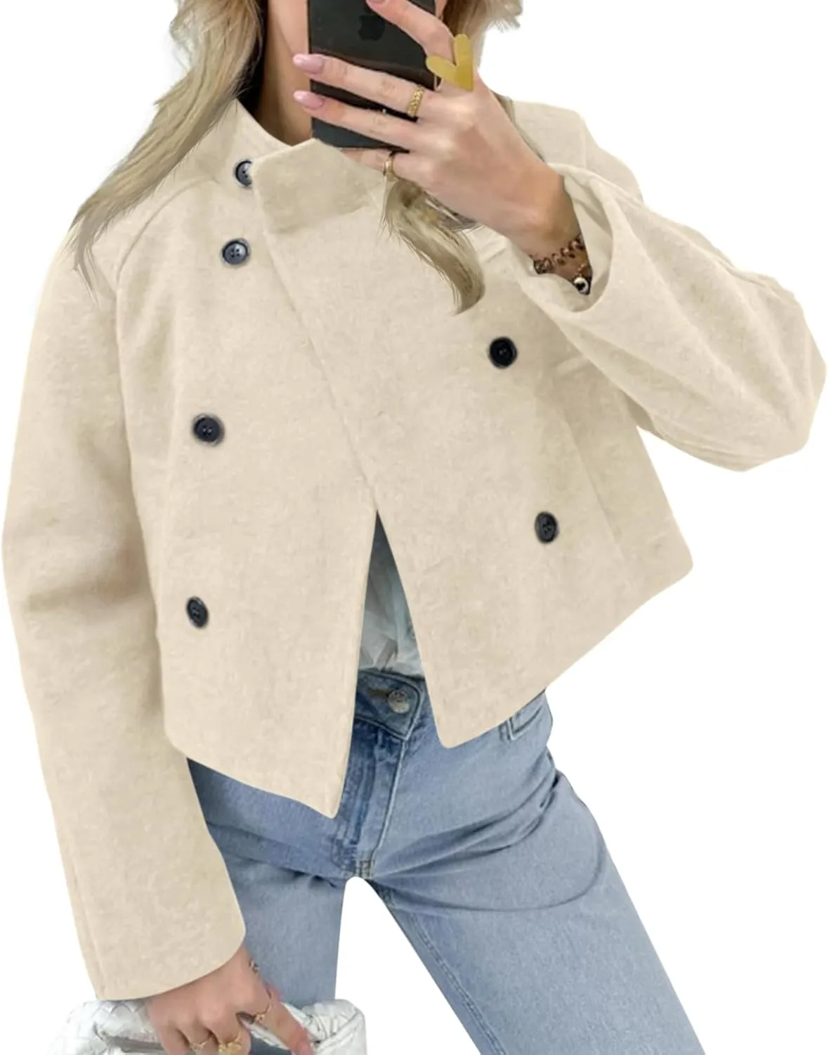 Cicy Bell Womens Cropped Pea Coat Casual Double Breasted Stand Collar Long Sleeve Fall Short Jackets Outwear
