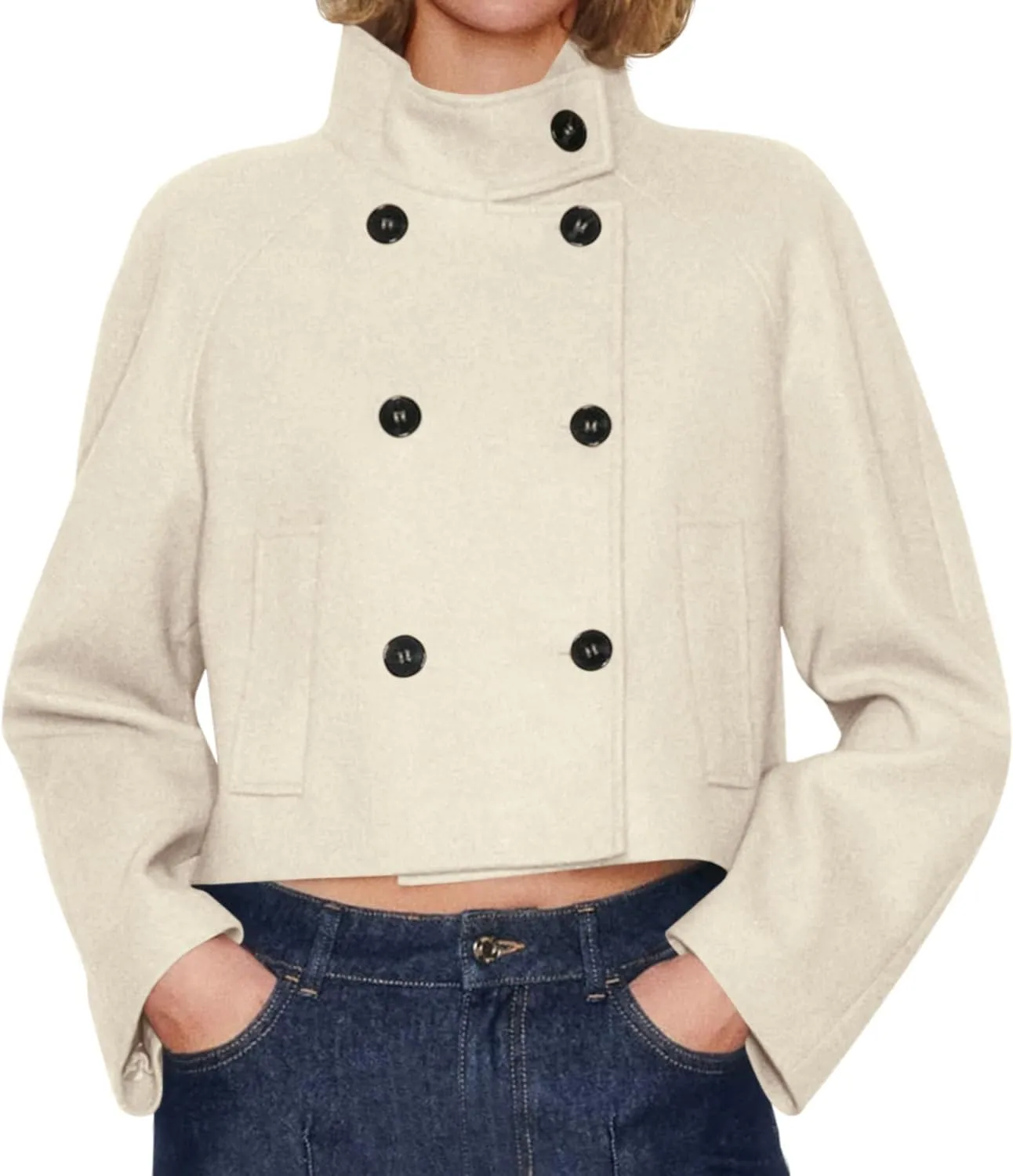 Cicy Bell Womens Cropped Pea Coat Casual Double Breasted Stand Collar Long Sleeve Fall Short Jackets Outwear