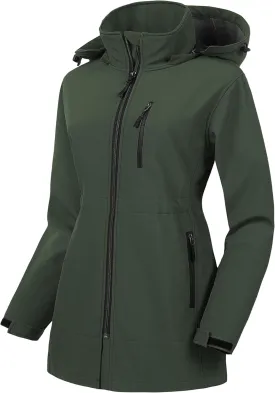 CREATMO US Women's Plus Size Long Softshell Jacket Waterproof Fleece Lined Rain Jacket Lightweight Windbreaker With Hood