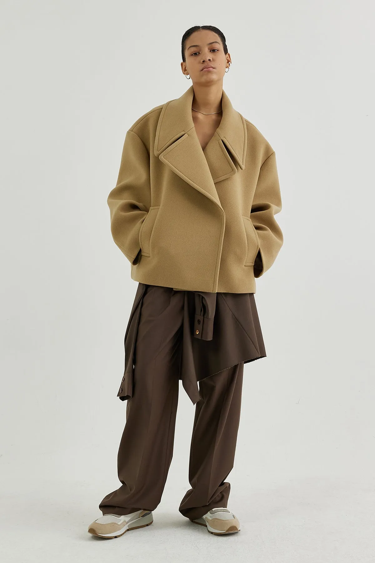 Cropped double-breasted wool pea coat
