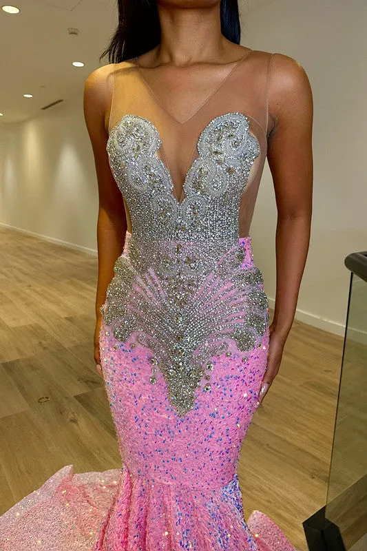 Deluxe Floor Length Sleeveless Mermaid Sequined Prom Dress with Ruffles
