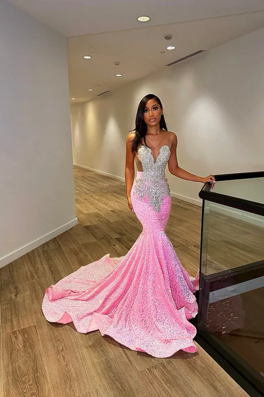 Deluxe Floor Length Sleeveless Mermaid Sequined Prom Dress with Ruffles