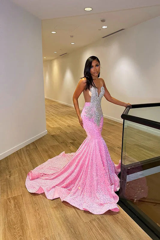 Deluxe Floor Length Sleeveless Mermaid Sequined Prom Dress with Ruffles