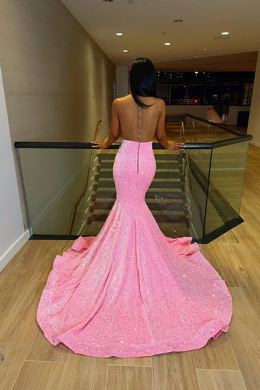 Deluxe Floor Length Sleeveless Mermaid Sequined Prom Dress with Ruffles