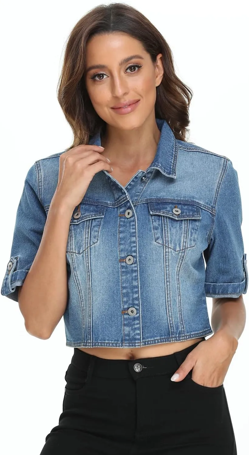 Dilgul Women's Denim Jacket Button Down Short Sleeve Cropped Jean Jacket Coat