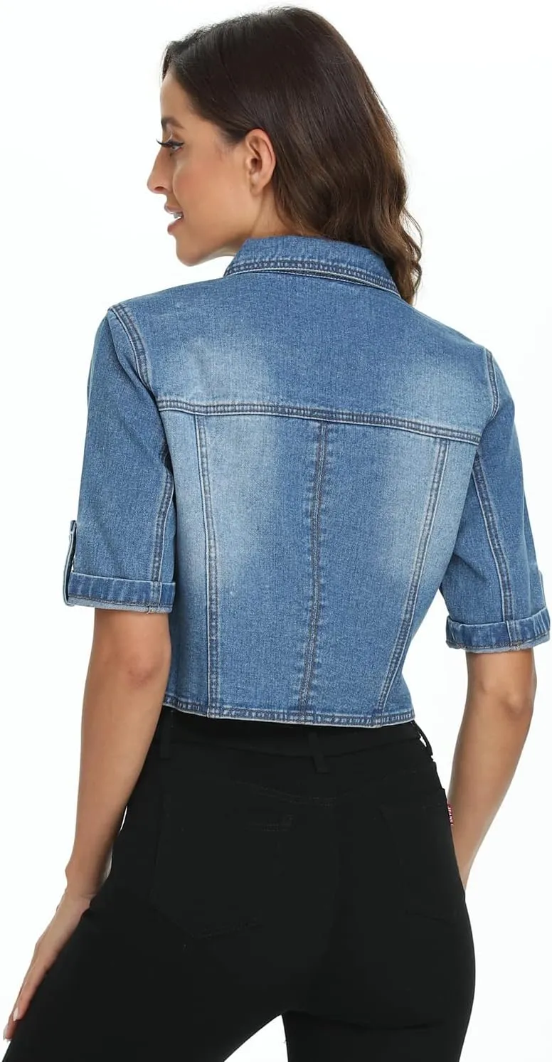 Dilgul Women's Denim Jacket Button Down Short Sleeve Cropped Jean Jacket Coat