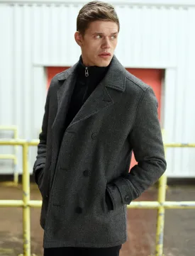 Duval Herringbone Double Breasted Pea Coat In Grey Oxford - Tokyo Laundry