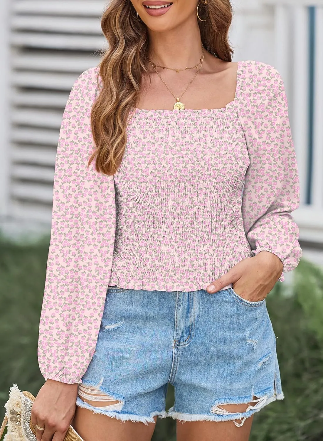 EVALESS Square Neck Tops Puff Long Sleeve Blouses for Women Dressy Casual Spring Fashion 2024