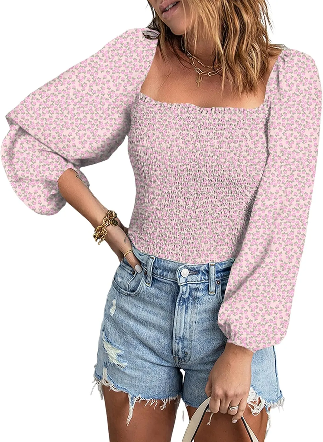 EVALESS Square Neck Tops Puff Long Sleeve Blouses for Women Dressy Casual Spring Fashion 2024