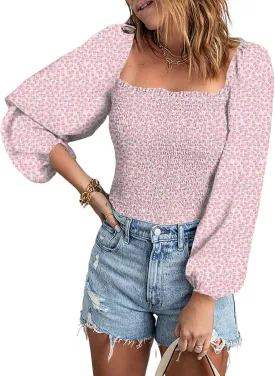 EVALESS Square Neck Tops Puff Long Sleeve Blouses for Women Dressy Casual Spring Fashion 2024