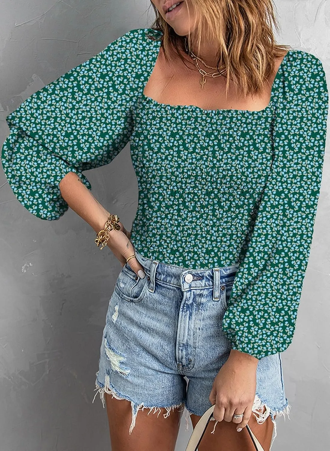 EVALESS Square Neck Tops Puff Long Sleeve Blouses for Women Dressy Casual Spring Fashion 2024