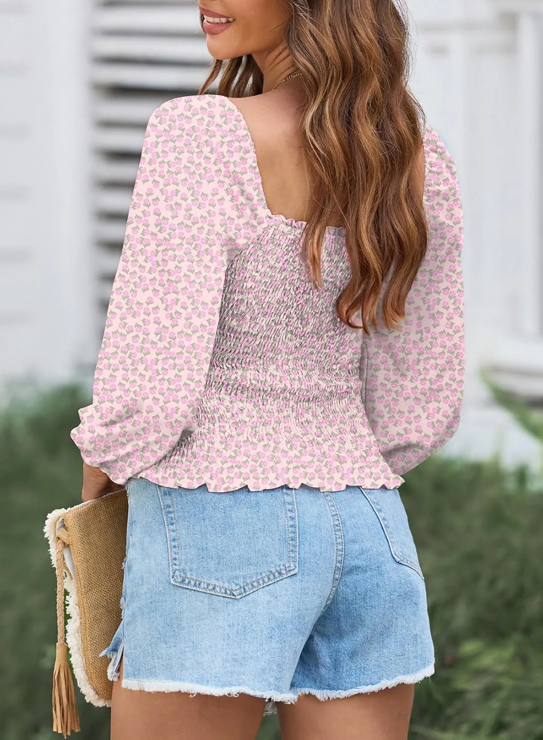 EVALESS Square Neck Tops Puff Long Sleeve Blouses for Women Dressy Casual Spring Fashion 2024