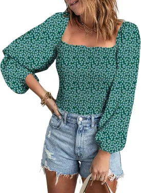 EVALESS Square Neck Tops Puff Long Sleeve Blouses for Women Dressy Casual Spring Fashion 2024