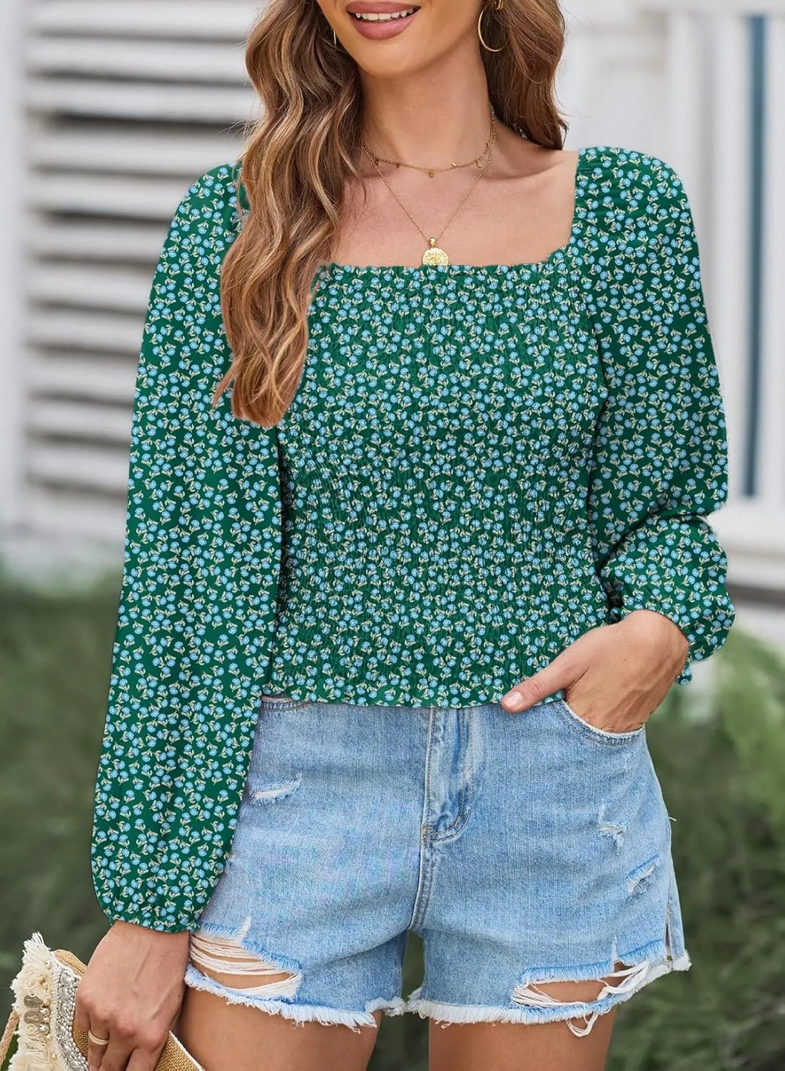 EVALESS Square Neck Tops Puff Long Sleeve Blouses for Women Dressy Casual Spring Fashion 2024