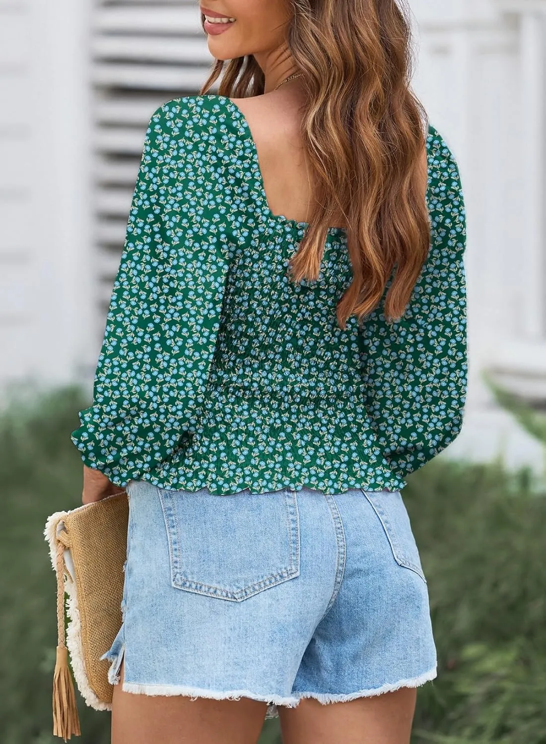 EVALESS Square Neck Tops Puff Long Sleeve Blouses for Women Dressy Casual Spring Fashion 2024
