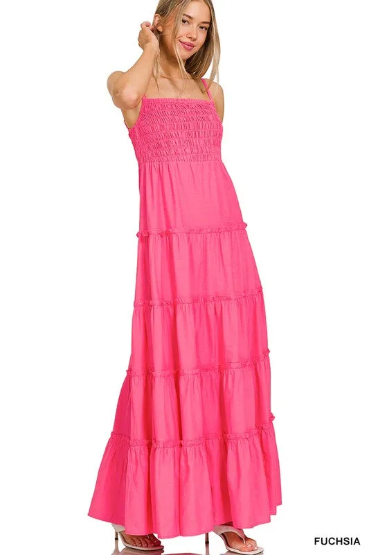 Explore More Collection - Woven Smocked Top Tiered Cami Maxi Dress