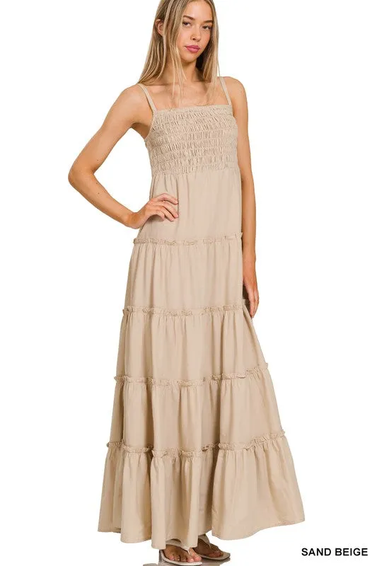 Explore More Collection - Woven Smocked Top Tiered Cami Maxi Dress