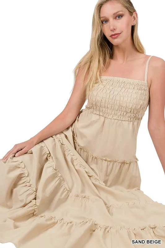 Explore More Collection - Woven Smocked Top Tiered Cami Maxi Dress