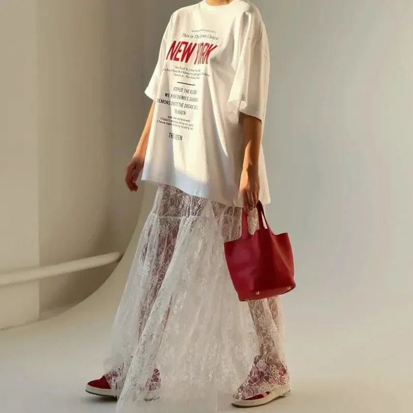 Flavia Lace Mesh Maxi Flare Skirt