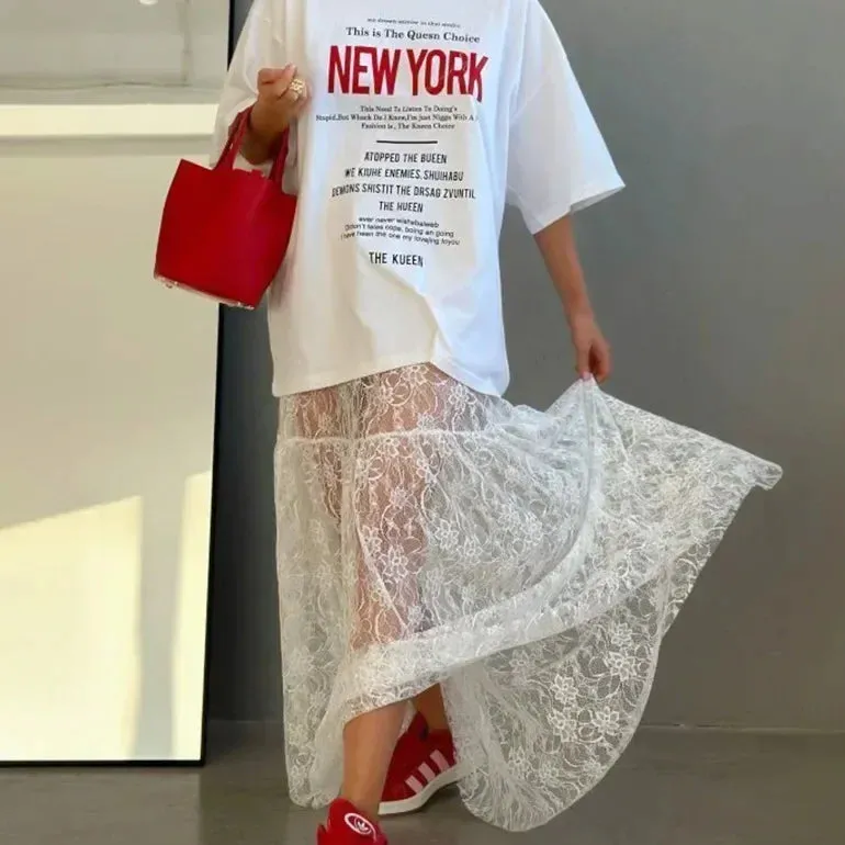 Flavia Lace Mesh Maxi Flare Skirt