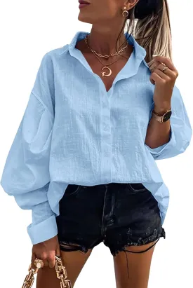Gafeng Womens Long Sleeve Button Down Linen Shirts Casual Business Loose Fit Balloon Sleeve Work Office Blouses Tops