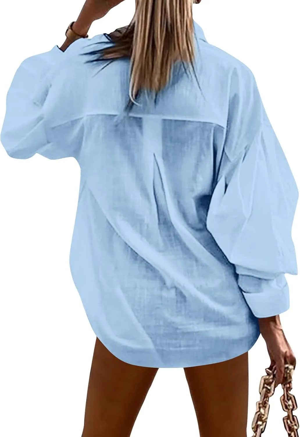 Gafeng Womens Long Sleeve Button Down Linen Shirts Casual Business Loose Fit Balloon Sleeve Work Office Blouses Tops