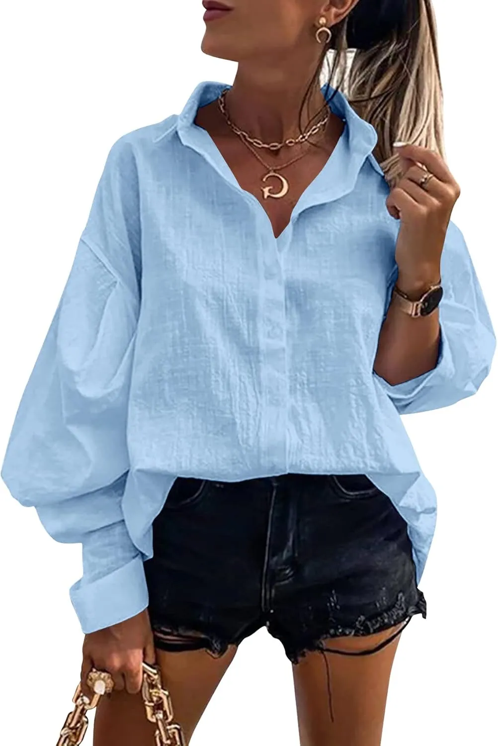 Gafeng Womens Long Sleeve Button Down Linen Shirts Casual Business Loose Fit Balloon Sleeve Work Office Blouses Tops