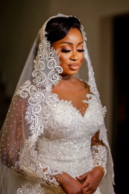 Glamorous Long Mermaid Appliques Long Sleeves Wedding Dresses With Lace