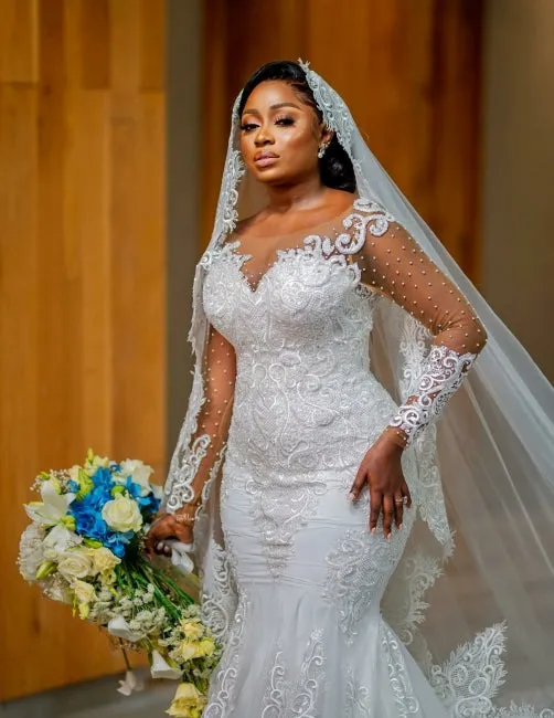 Glamorous Long Mermaid Appliques Long Sleeves Wedding Dresses With Lace