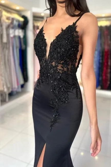 Glamorous Long Mermaid V-neck Spaghetti Straps Lace Prom Dress with Slit