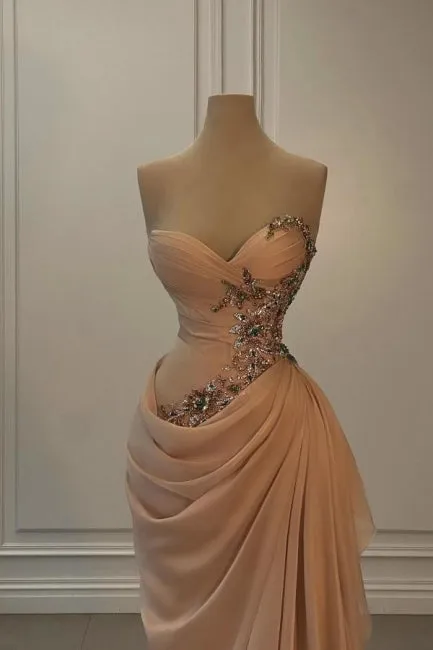 Glamorous Long Peach Strapless Sweetheart Satin Chiffon Sleeveless Prom Dress with Beads