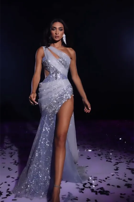 Glamorous One Shoulder Mermaid Beading Split Prom Dress With Lace