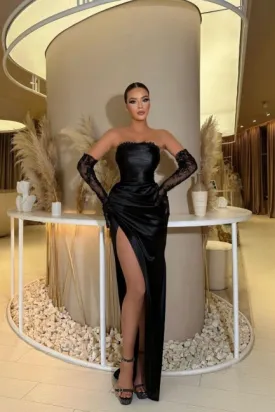 Glamorous strapless mermaid column satin evening dresses ruffles