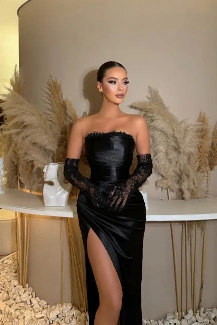 Glamorous strapless mermaid column satin evening dresses ruffles