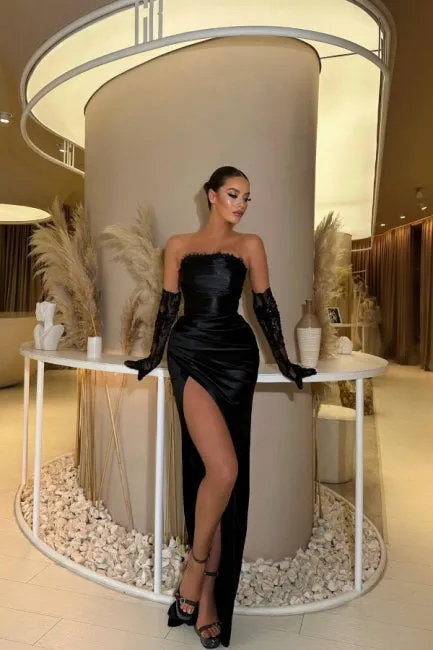 Glamorous strapless mermaid column satin evening dresses ruffles