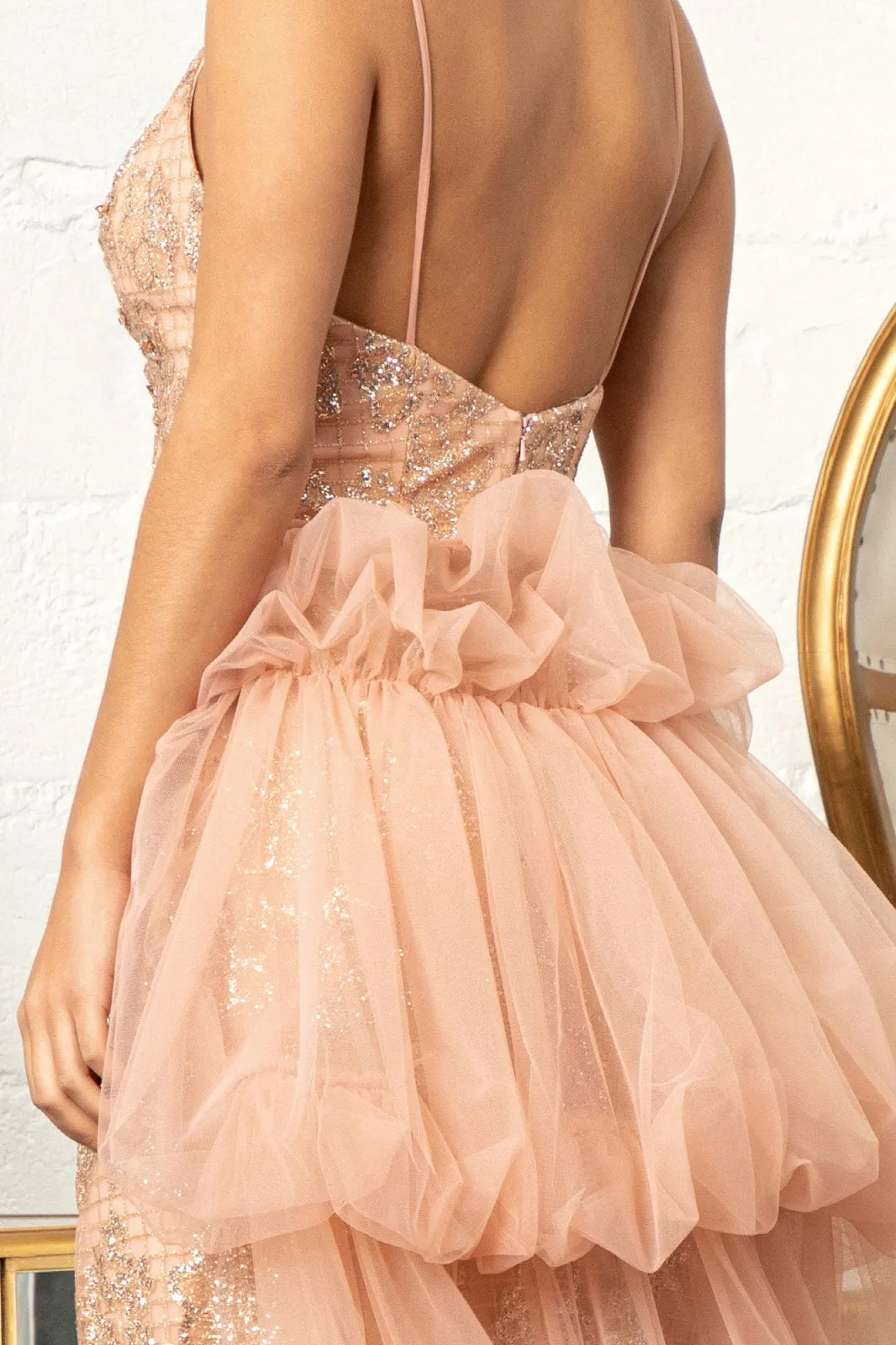 Glitter Embellished Mesh Mermaid Jewel Embellishment and Detached Layer Long Prom Dress GLGL3004