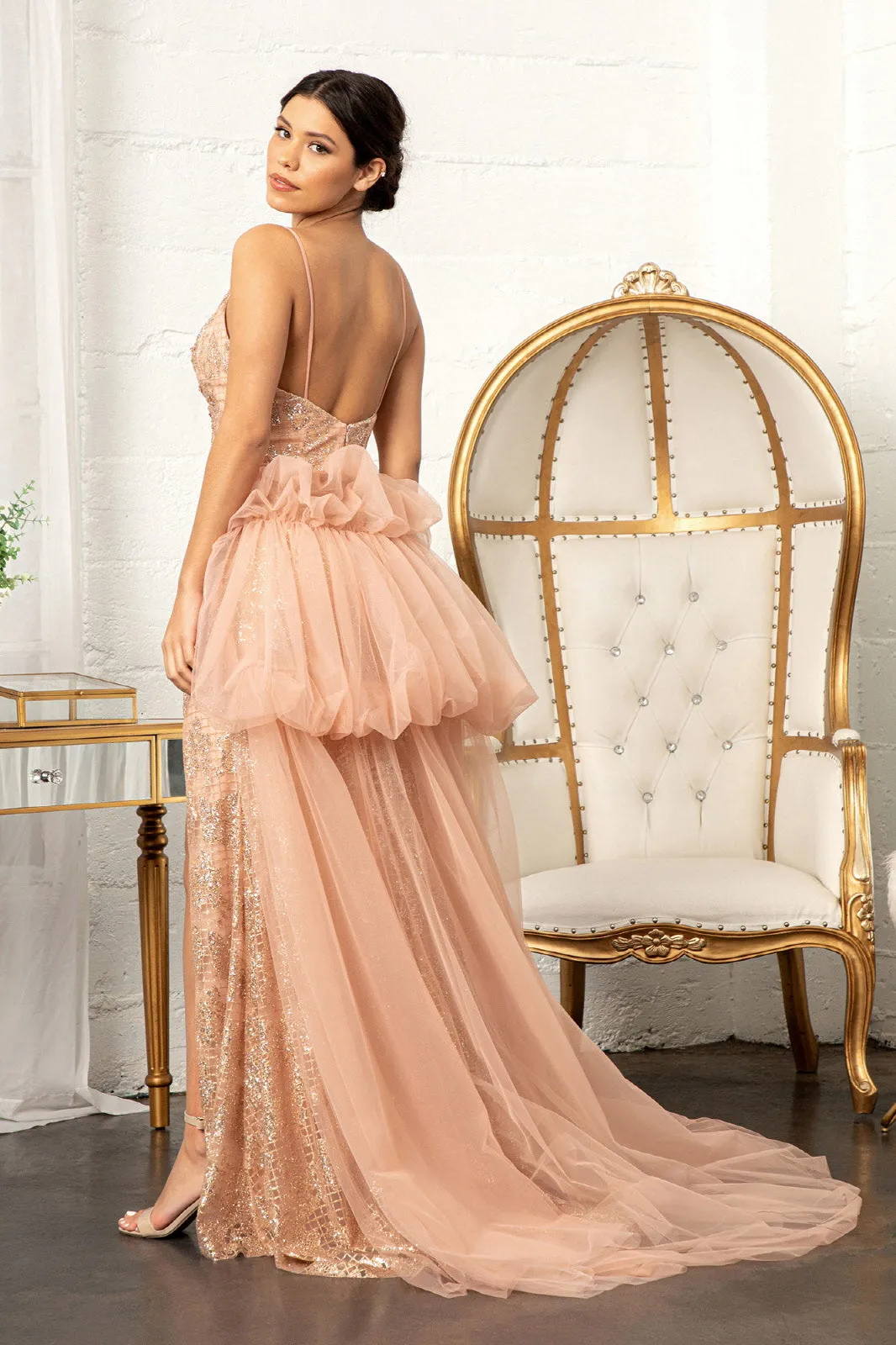 Glitter Embellished Mesh Mermaid Jewel Embellishment and Detached Layer Long Prom Dress GLGL3004